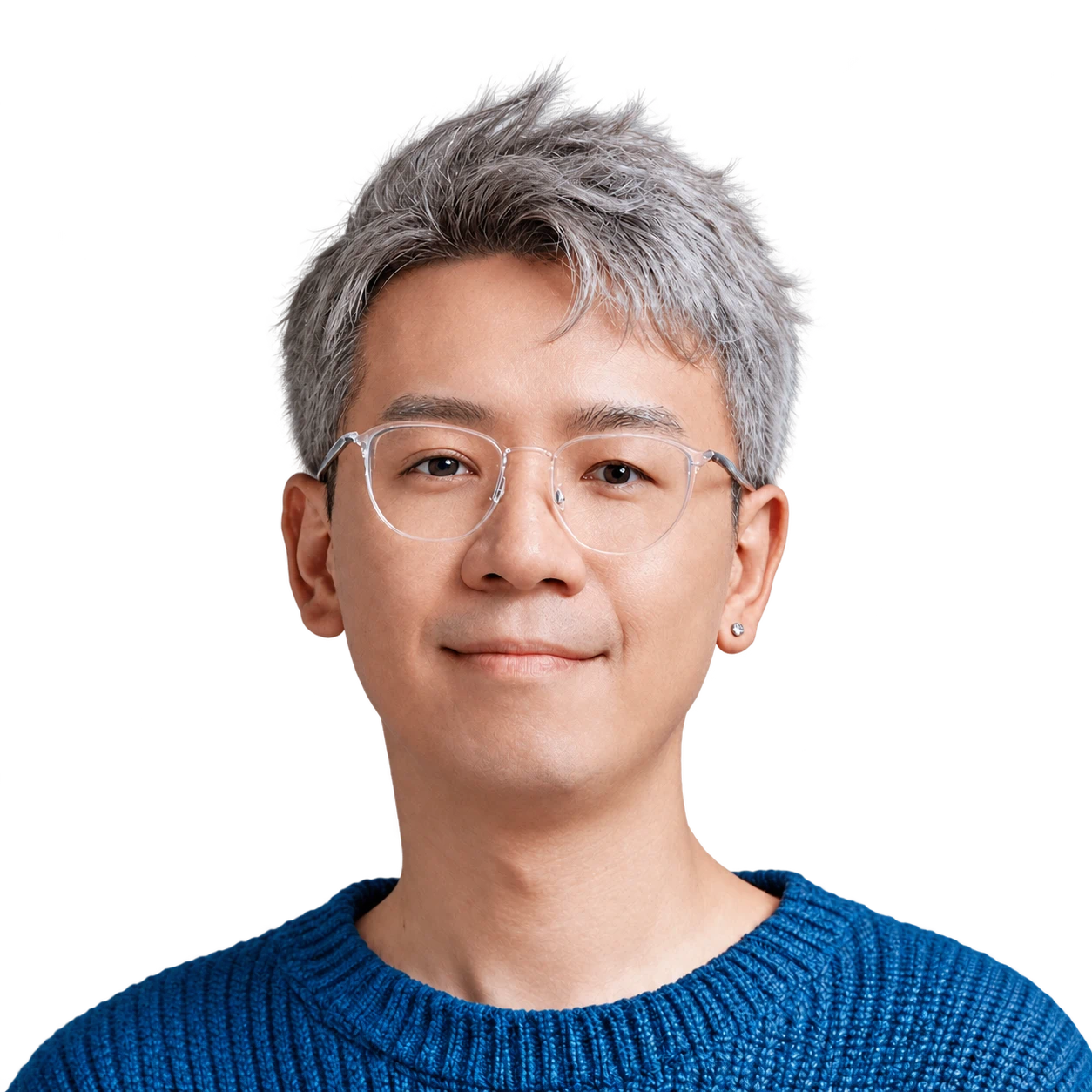 戴着透明框眼镜、身穿蓝色毛衣的 Daniel